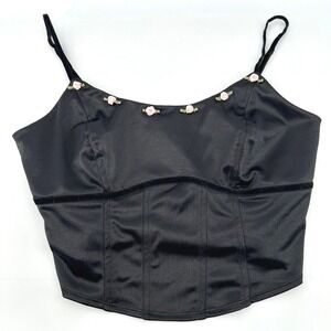 Wild Fable Black Satin Rose Corset Top Womens Medium Coquette Dark Romantic Y2K